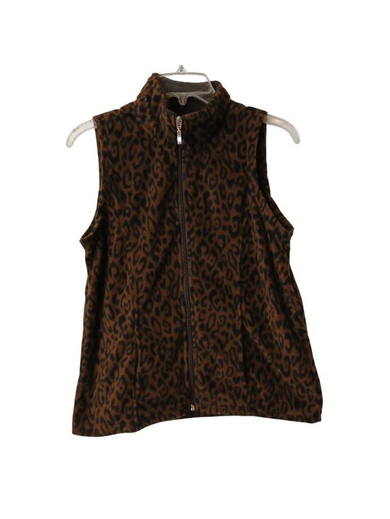 Lena Petite Jackets & Blazers - Lena Petite S Womens Leopard Print Sleeveless Fleece Vest Zip Brown Black #I-8